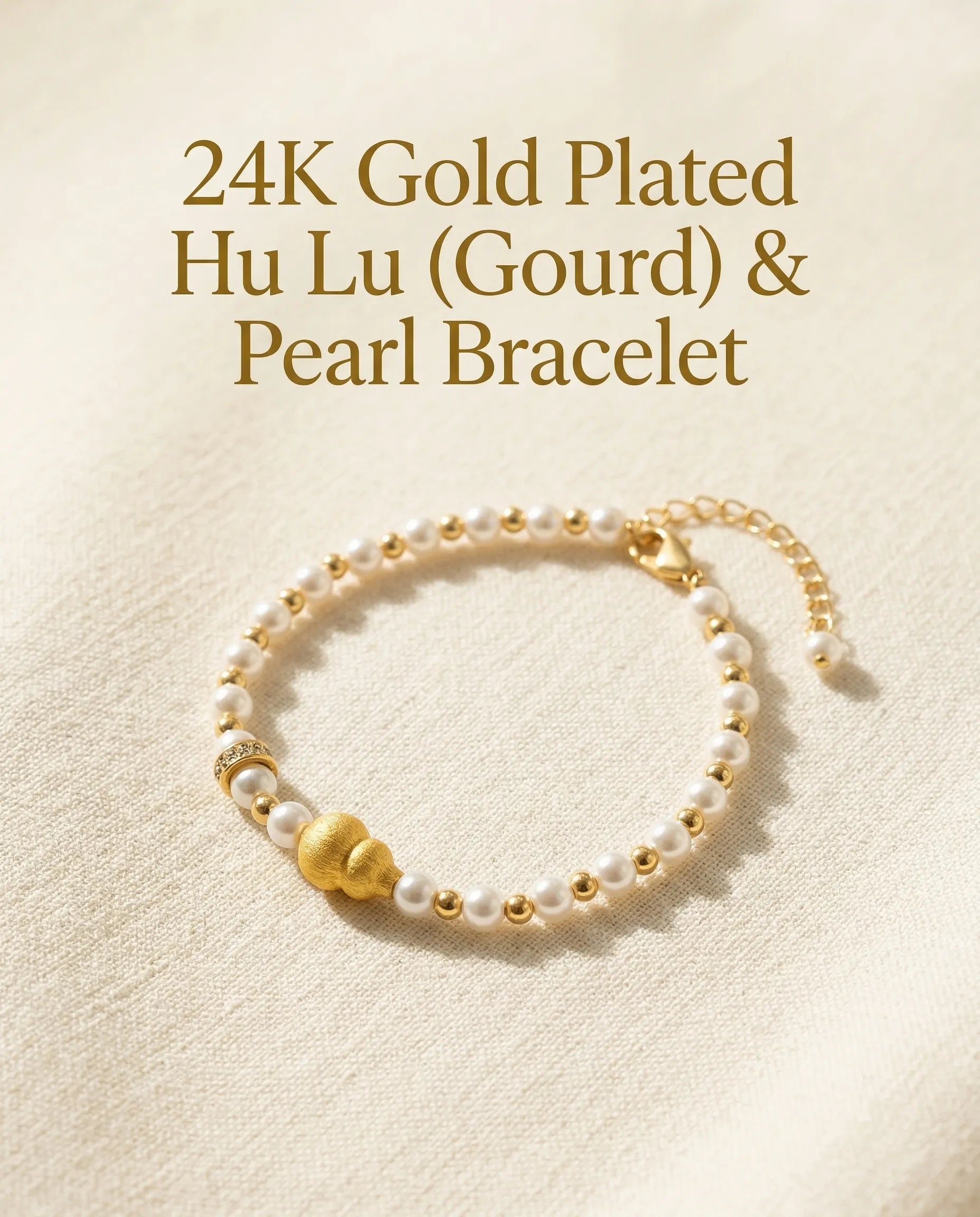 24K Gold Plated Hu Lu (Gourd) & Pearl Bracelet | Feng Shui Health Amulet