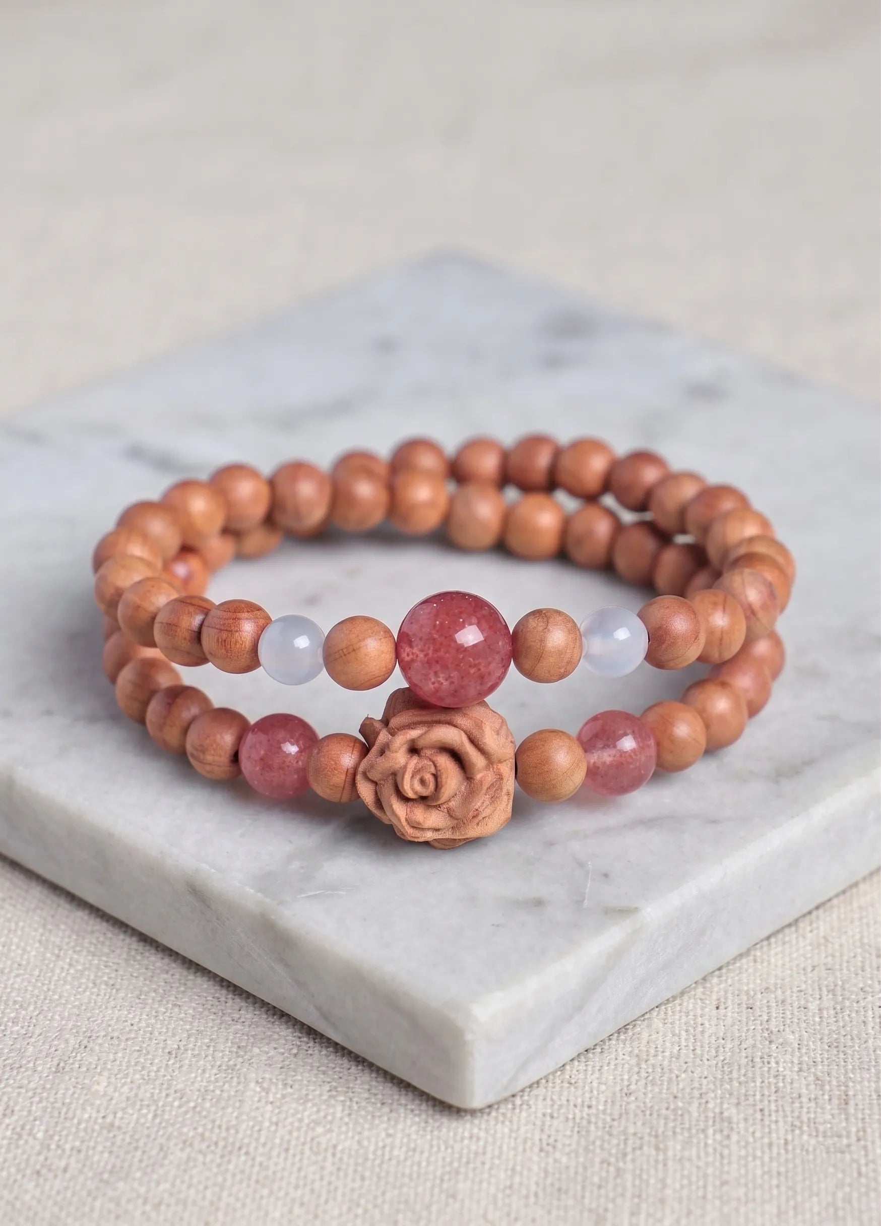 Natural Cedarwood Double Wrap Bracelet with Strawberry Quartz & White Agate | Carved Wooden Rose