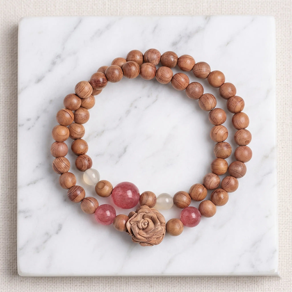 Natural Cedarwood Double Wrap Bracelet with Strawberry Quartz & White Agate | Carved Wooden Rose