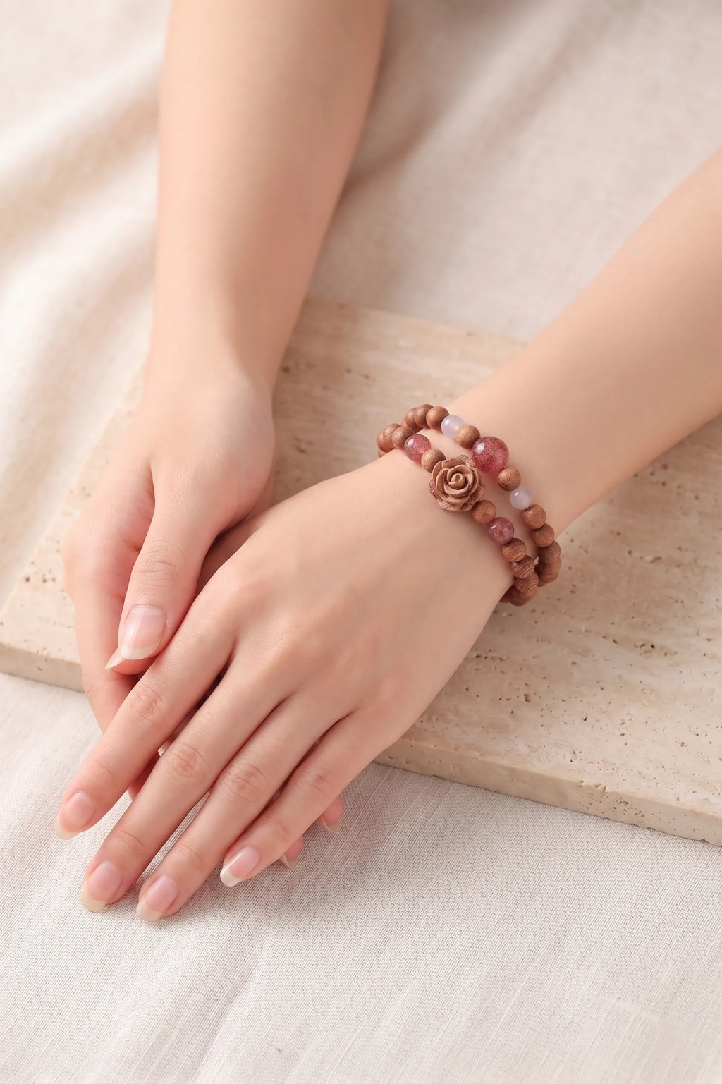 Natural Cedarwood Double Wrap Bracelet with Strawberry Quartz & White Agate | Carved Wooden Rose