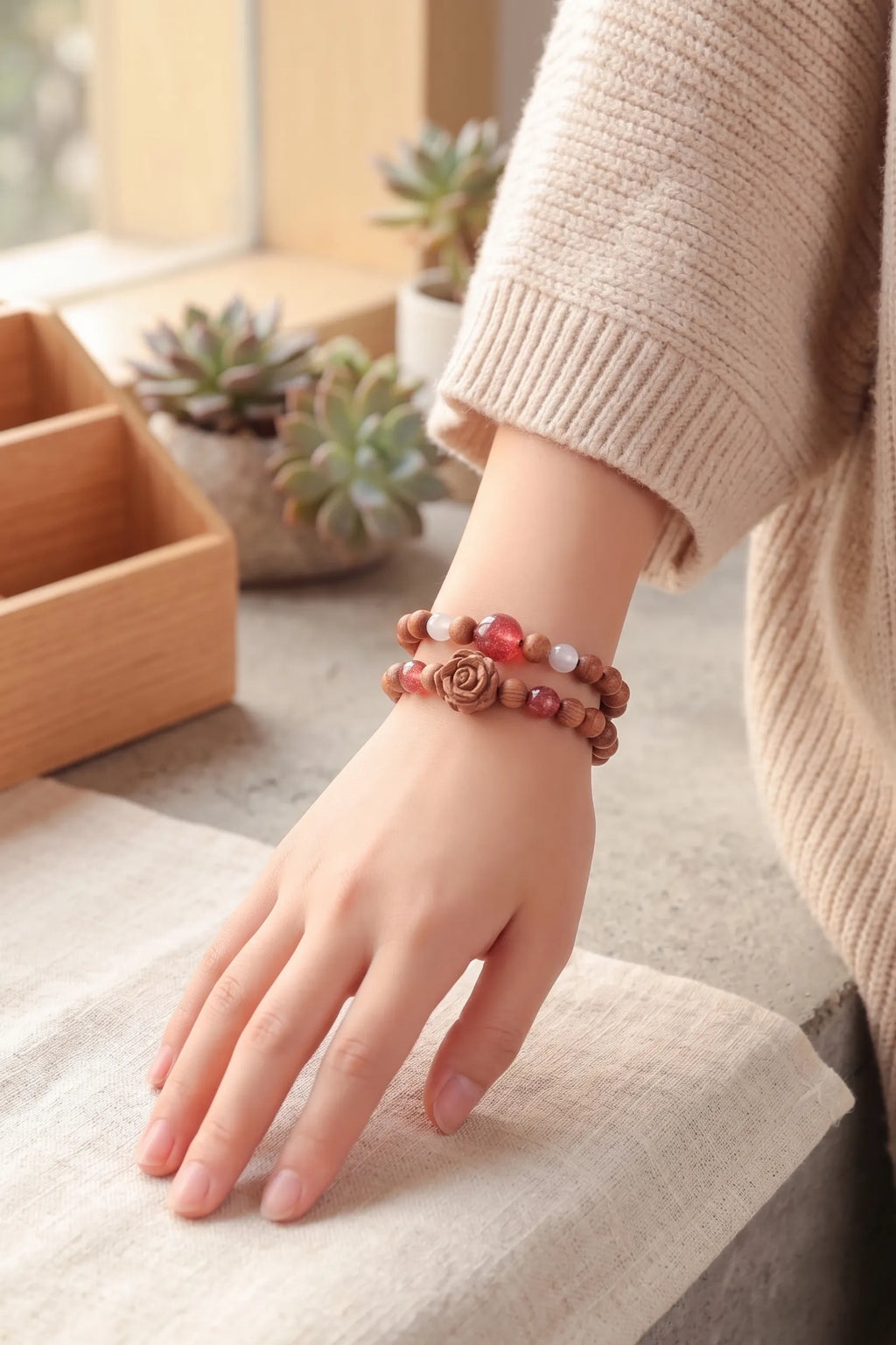 Natural Cedarwood Double Wrap Bracelet with Strawberry Quartz & White Agate | Carved Wooden Rose