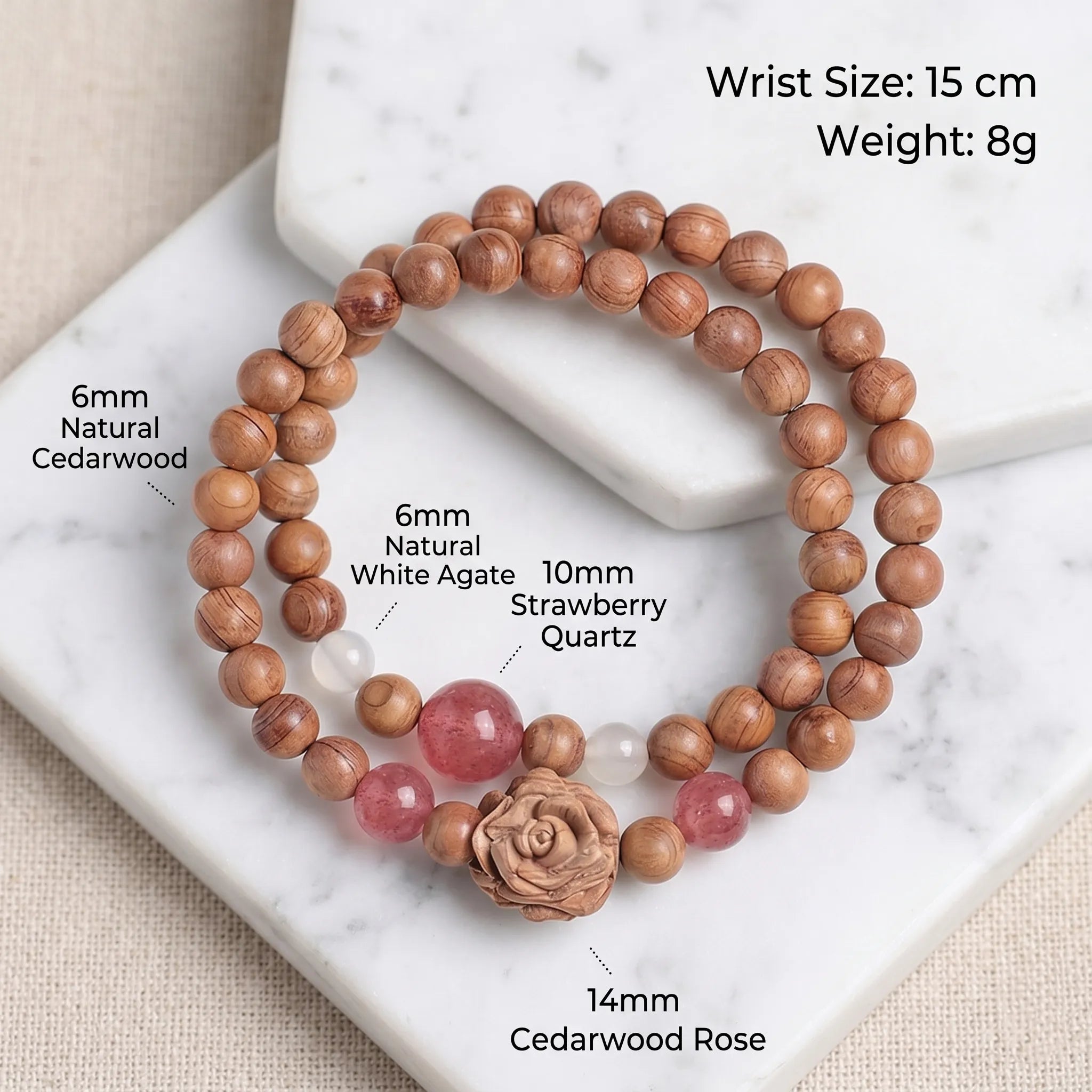 Natural Cedarwood Double Wrap Bracelet with Strawberry Quartz & White Agate | Carved Wooden Rose