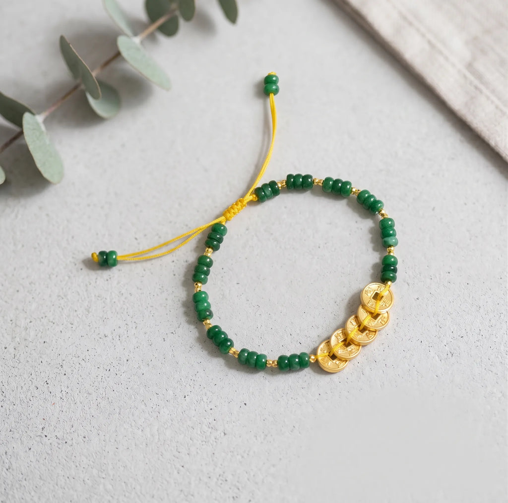 The "Emperor's Abundance" | Five Fortune Coins & Green Chalcedony Bracelet