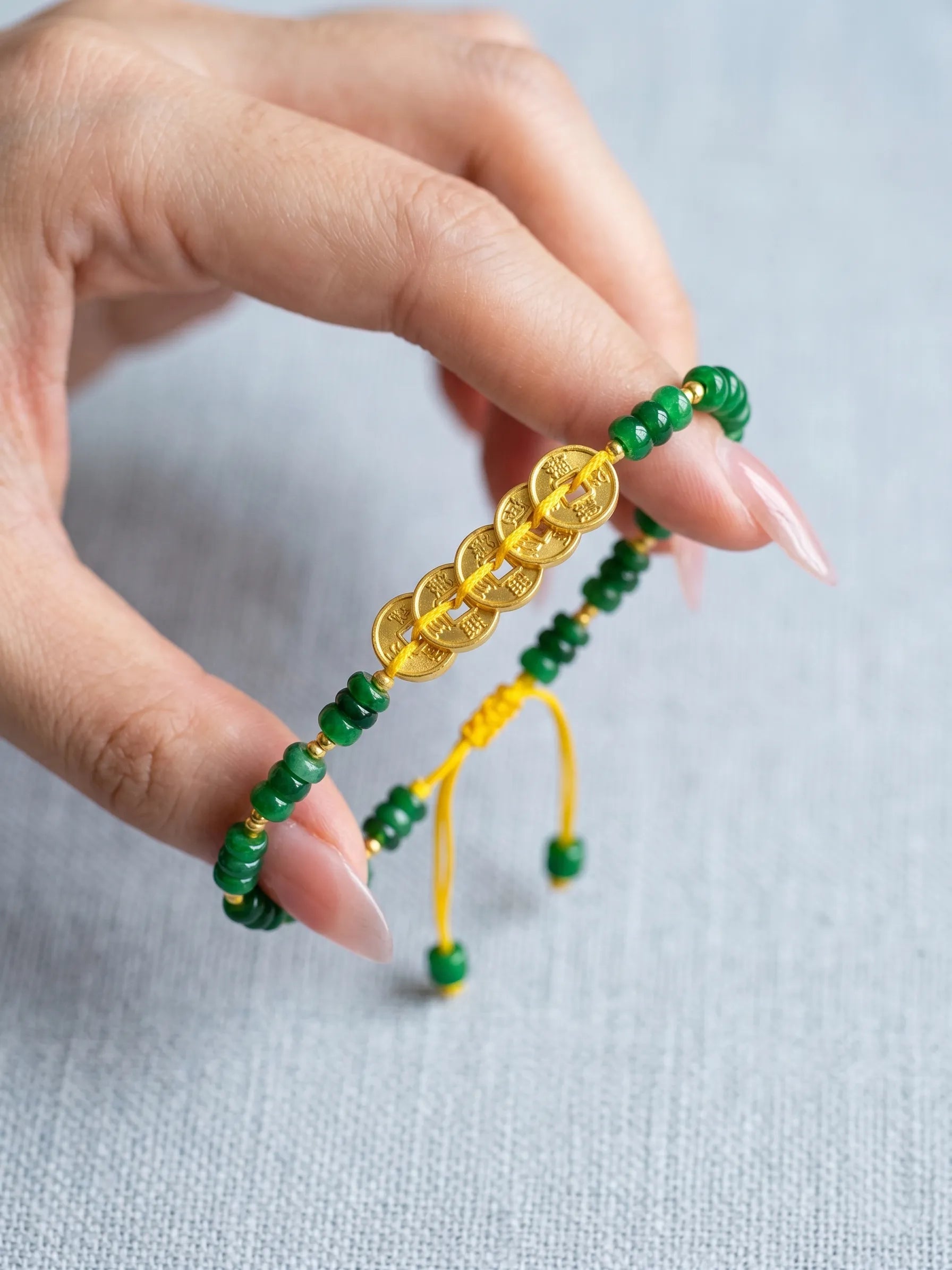 The "Emperor's Abundance" | Five Fortune Coins & Green Chalcedony Bracelet