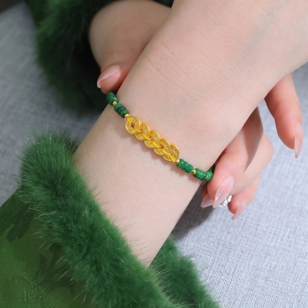 The "Emperor's Abundance" | Five Fortune Coins & Green Chalcedony Bracelet
