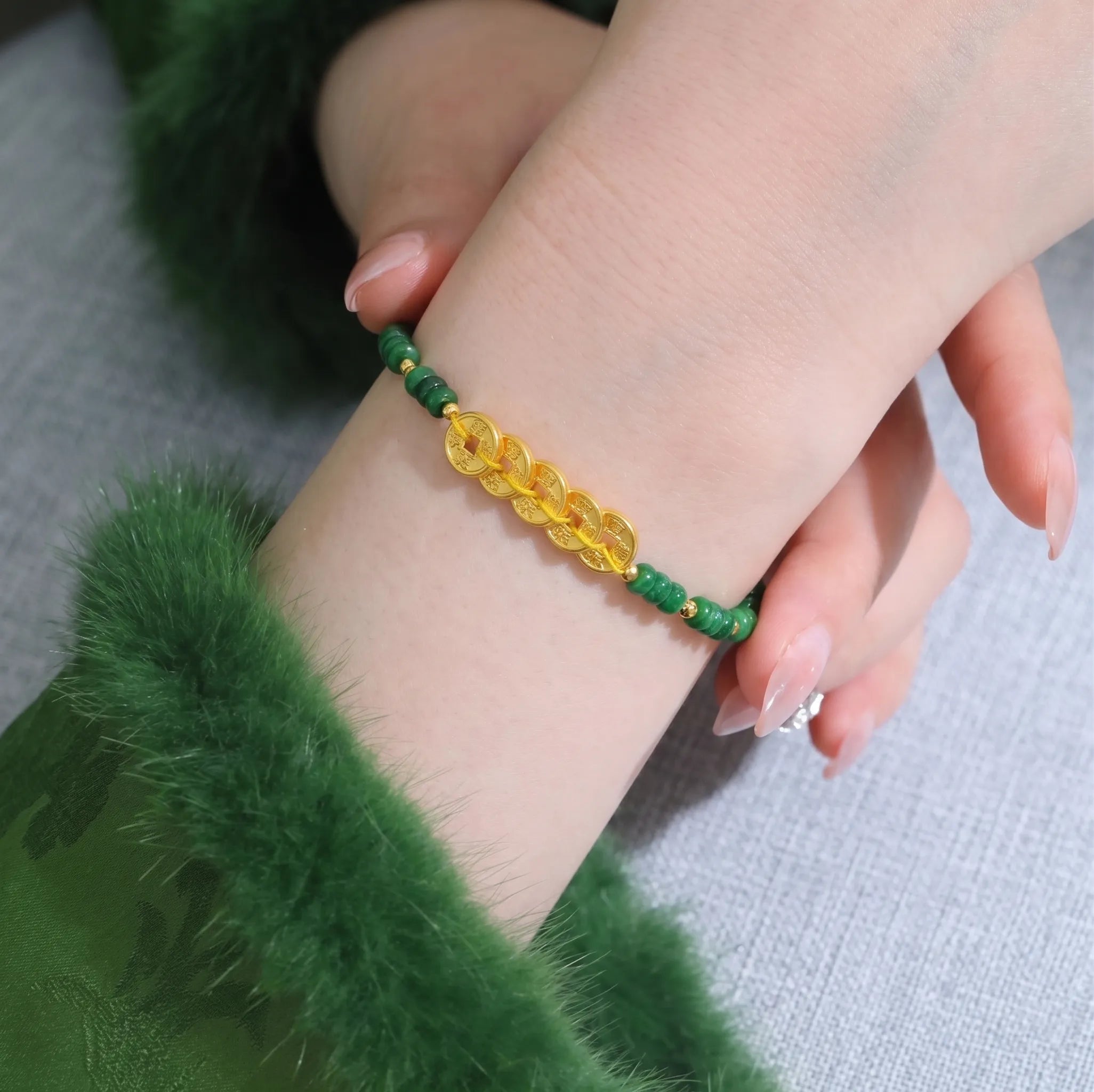The "Emperor's Abundance" | Five Fortune Coins & Green Chalcedony Bracelet