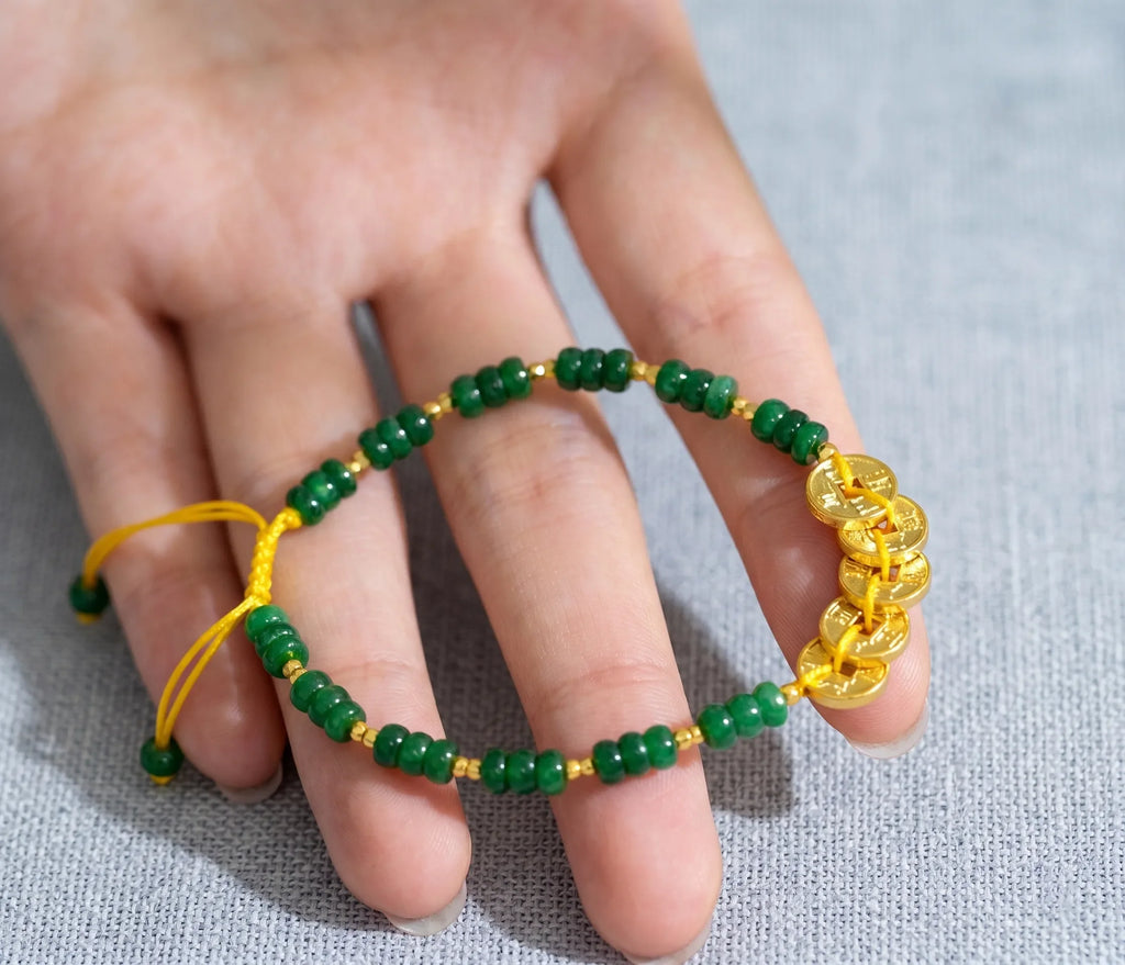 The "Emperor's Abundance" | Five Fortune Coins & Green Chalcedony Bracelet